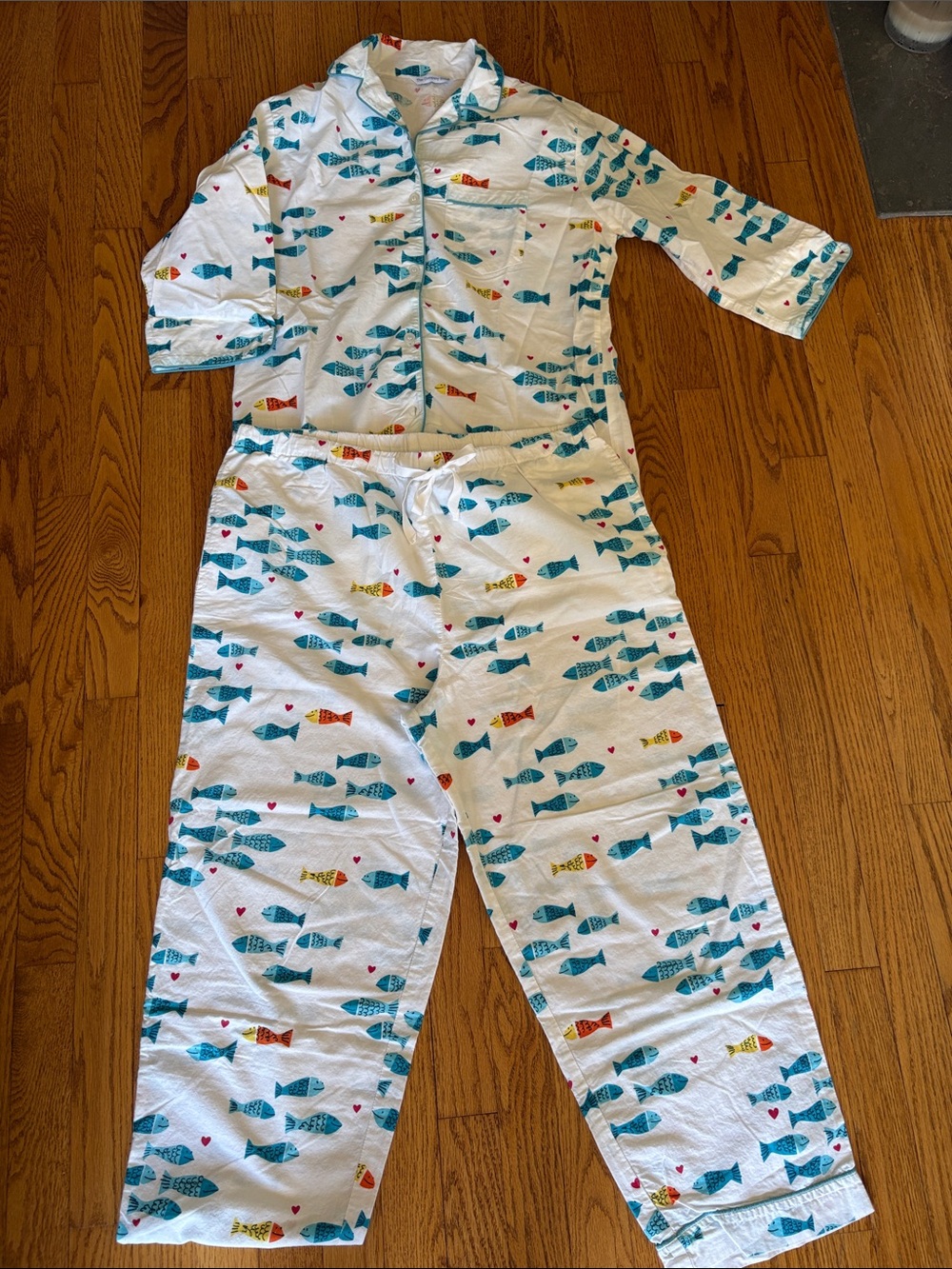 The Company Store White Pajama Set with Blue and Yellow Fish Print